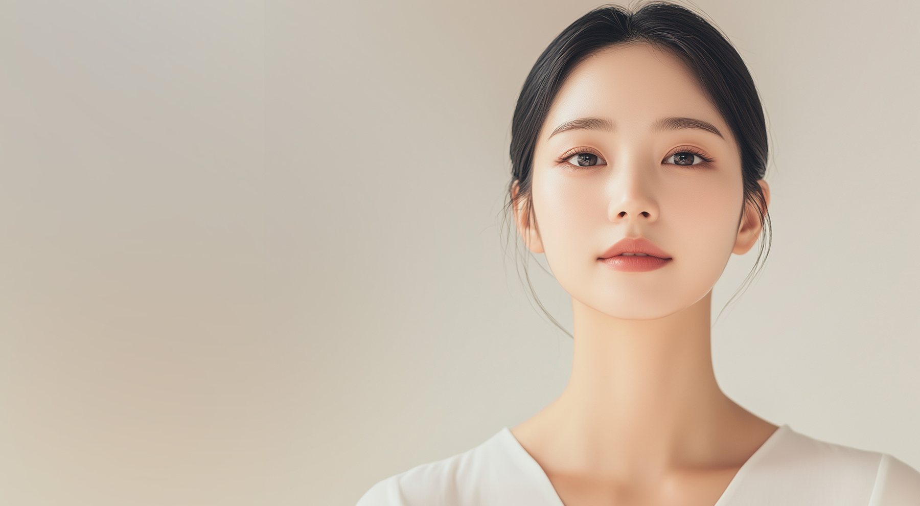 베이지 바탕 앞 정면을 바라보는 단정한 올림머리 모델(오른쪽)