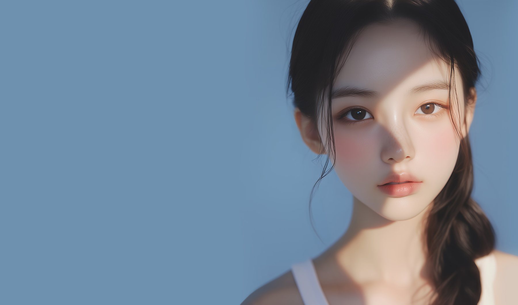 하늘색 바탕 앞 빛이 비치는 얼굴의 땋은 머리 모델(오른쪽)
