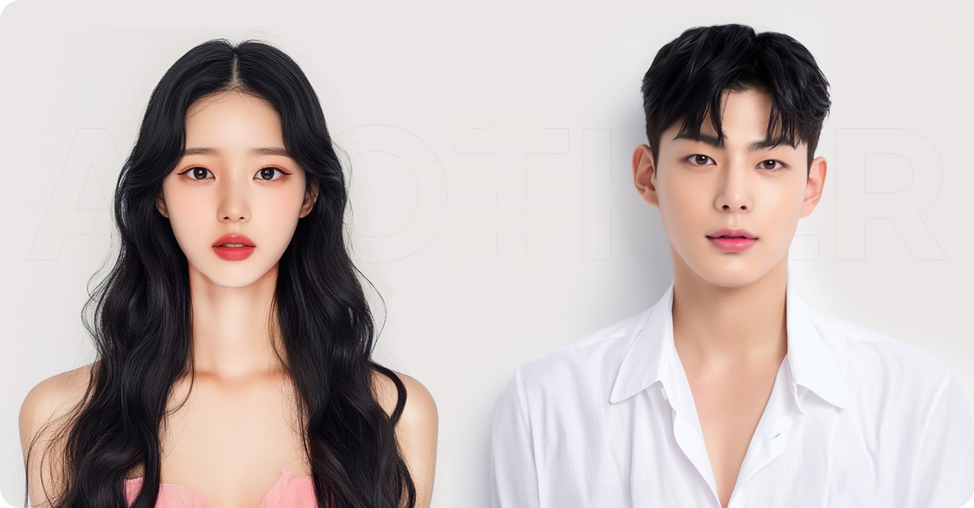긴 웨이브 머리 여성 모델 정면 · 흰 셔츠 남성 모델 정면