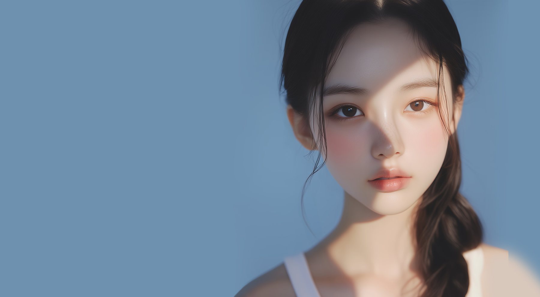 하늘색 바탕 앞 빛이 비치는 얼굴의 땋은 머리 모델(오른쪽)