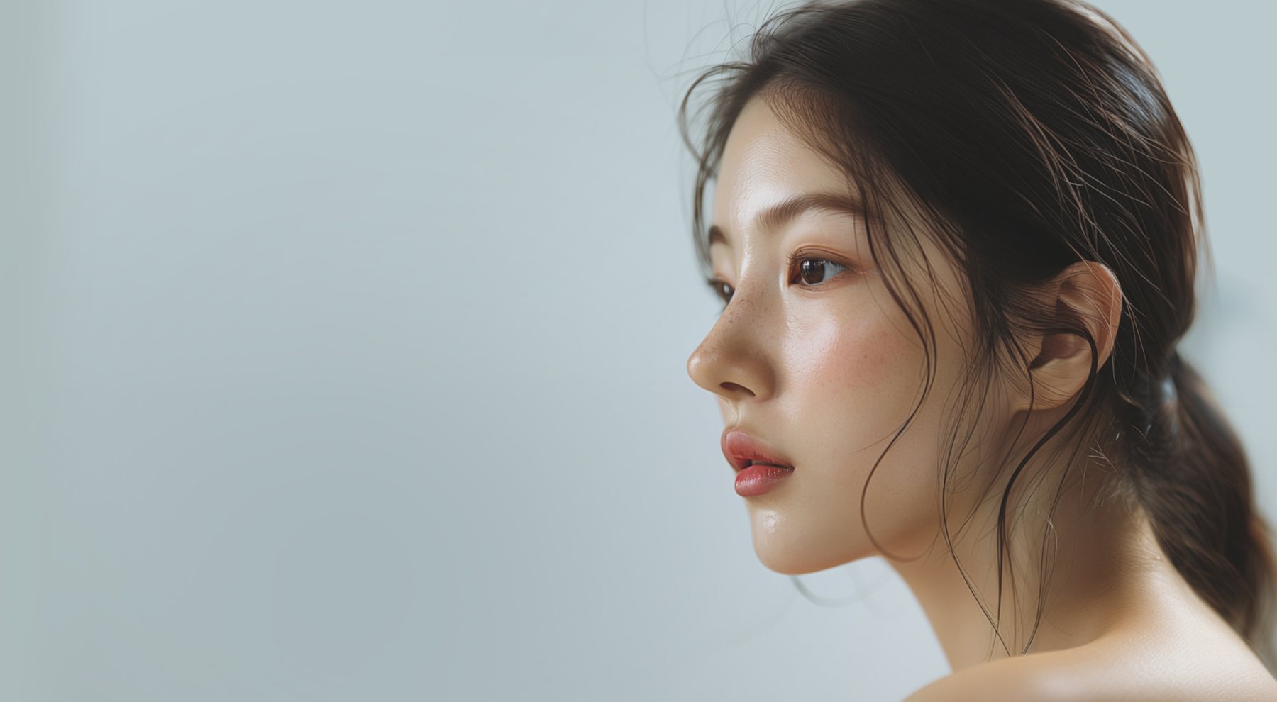 연회색 바탕 앞 옆모습 여성 모델(코·턱 라인, 오른쪽)